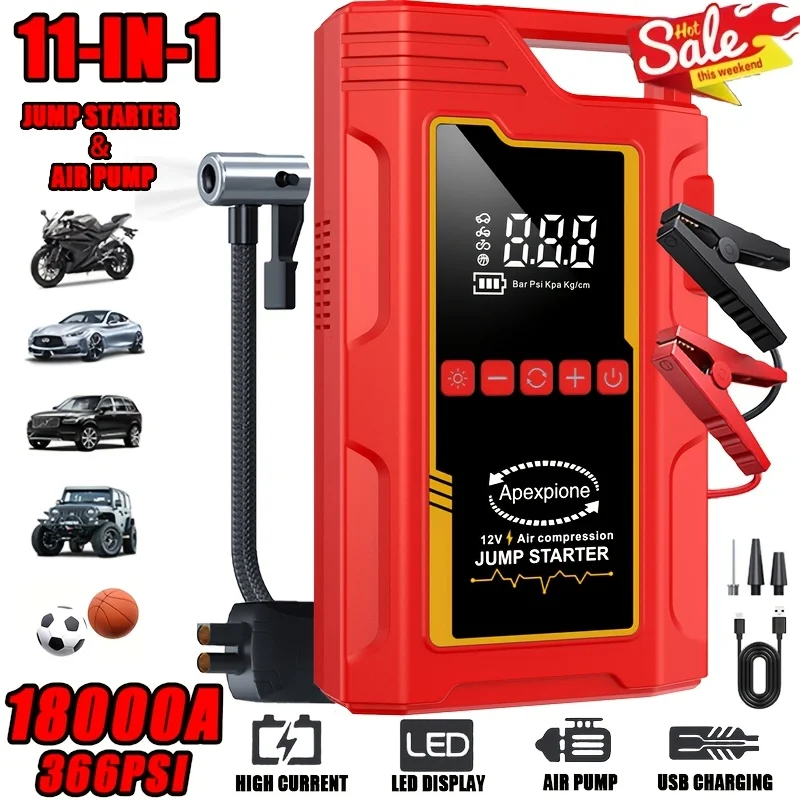 10000A-18000A High-current Car Starter with Air Compressor, 366PSI Inflator, for 12V (ALL Gas/ALL Diesel). Smart Cables, Protections, Fast USB, LED Light, Storage Bag. Hurricane Emergency Lighting, Auto Tool.Nice Gift
10000A-18000A High-current Car Starter with Air Compressor, 366PSI Inflator, for 12V (ALL Gas/ALL Diesel). Smart Cables, Protections, Fast USB, LED Light, Storage Bag. Hurricane Emergency Lighting, Auto Tool.Nice Gift