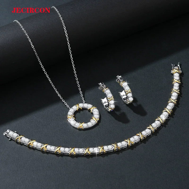 JECIRCON S925 Sterling Silver Full Moissanite Jewelry Set, Fashion 2-Tone Shining Exquisite Versatile Necklace Earrings Bracelet
JECIRCON S925 Sterling Silver Full Moissanite Jewelry Set, Fashion 2-Tone Shining Exquisite Versatile Necklace Earrings Bracelet