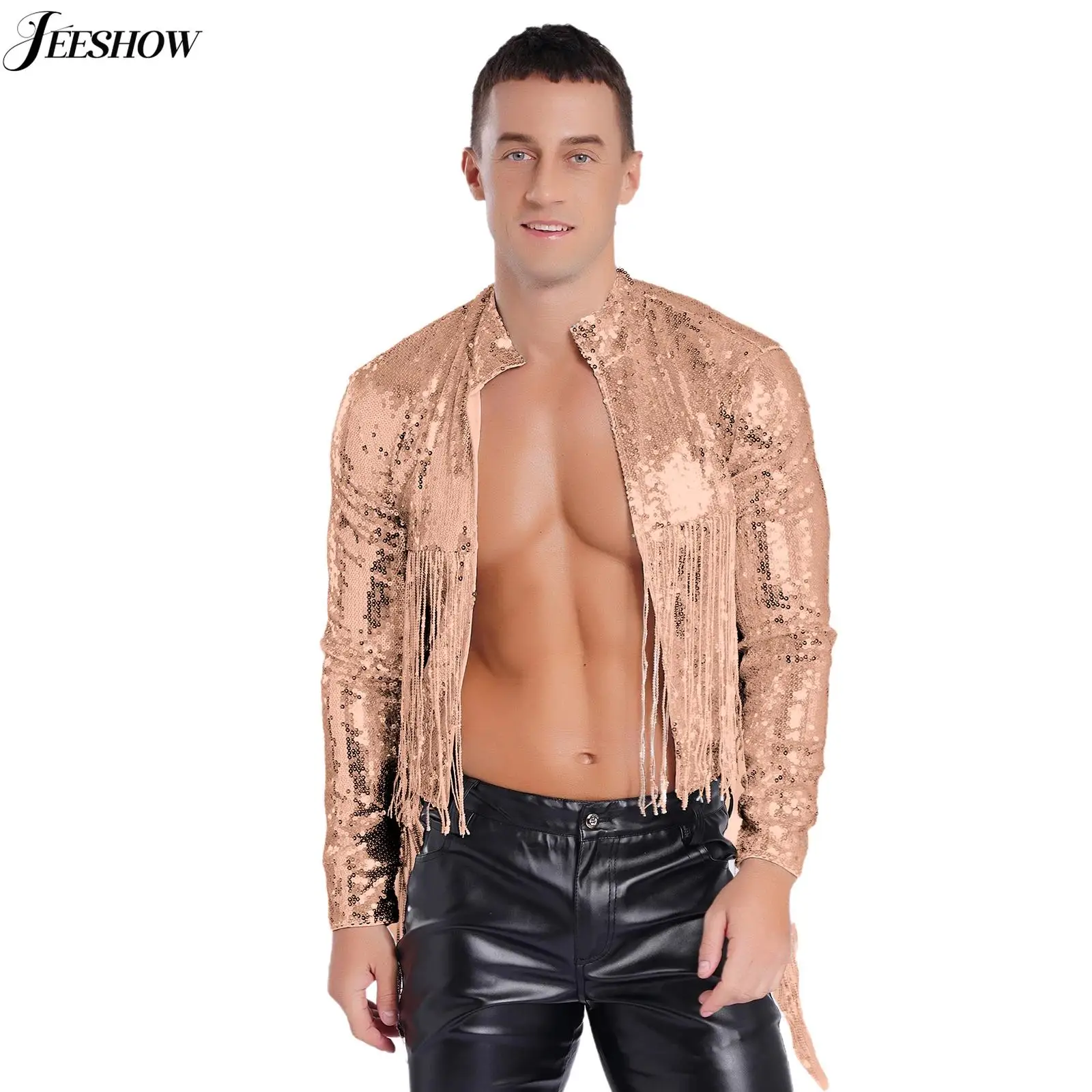 Men Shiny Sequin Tassel Bomber Jacket Stand Collar Long Sleeve Open Front Cropped Jacket Rave Party Disco Dance Blazer Outerwear
Men Shiny Sequin Tassel Bomber Jacket Stand Collar Long Sleeve Open Front Cropped Jacket Rave Party Disco Dance Blazer Outerwear