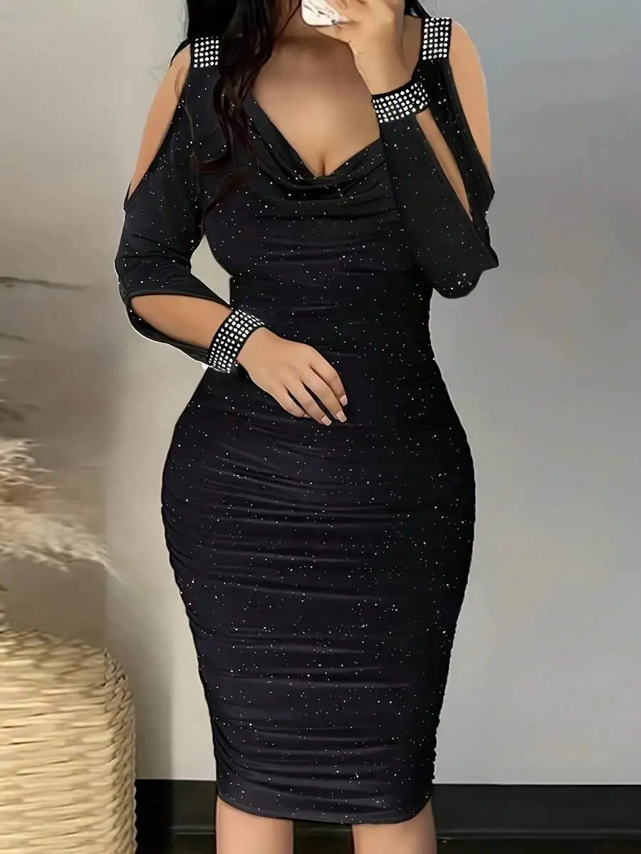 Women Elegant V-Neck Cold Shoulder Sequined Bodycon Dress For Prom Evening
Women Elegant V-Neck Cold Shoulder Sequined Bodycon Dress For Prom Evening