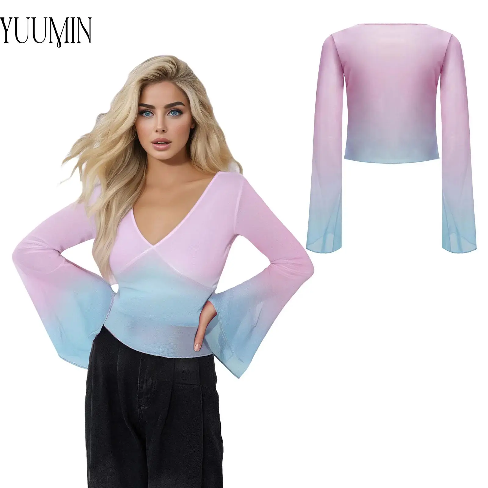 Womens Classical Dance Wrap Tops Flare Sleeves Gradient Color Sheer Mesh Crop Top Warm-up Yoga Costume Ballet Modern Dancewear
Womens Classical Dance Wrap Tops Flare Sleeves Gradient Color Sheer Mesh Crop Top Warm-up Yoga Costume Ballet Modern Dancewear