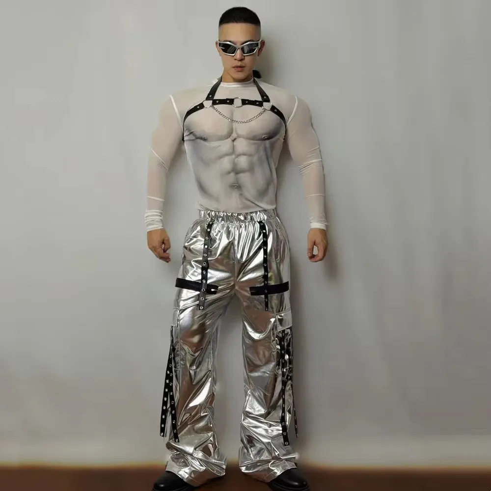 Men's Bar Nightclub Gogo Dance Costume Set Mesh Tops Laser Cut Wide Leg Bandage Leather Pants for Stage Wear Hip Hop Jazz
Men's Bar Nightclub Gogo Dance Costume Set Mesh Tops Laser Cut Wide Leg Bandage Leather Pants for Stage Wear Hip Hop Jazz