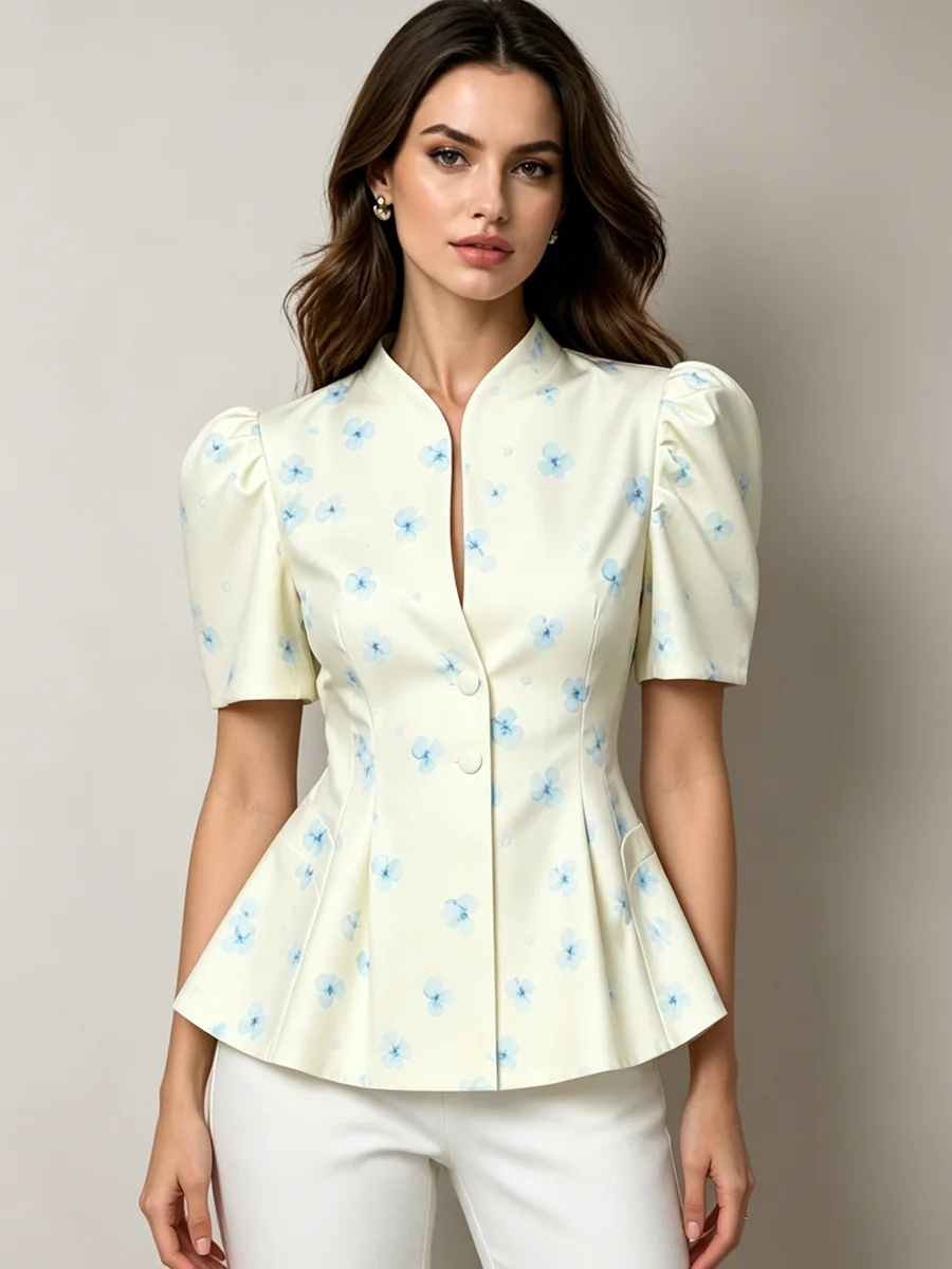 LIMO 2026 Women Floral Print Stand Collar Puff Short Sleeve Blouse Slim Waist Peplum Hem Elegant Casual Shirt Top
LIMO 2026 Women Floral Print Stand Collar Puff Short Sleeve Blouse Slim Waist Peplum Hem Elegant Casual Shirt Top