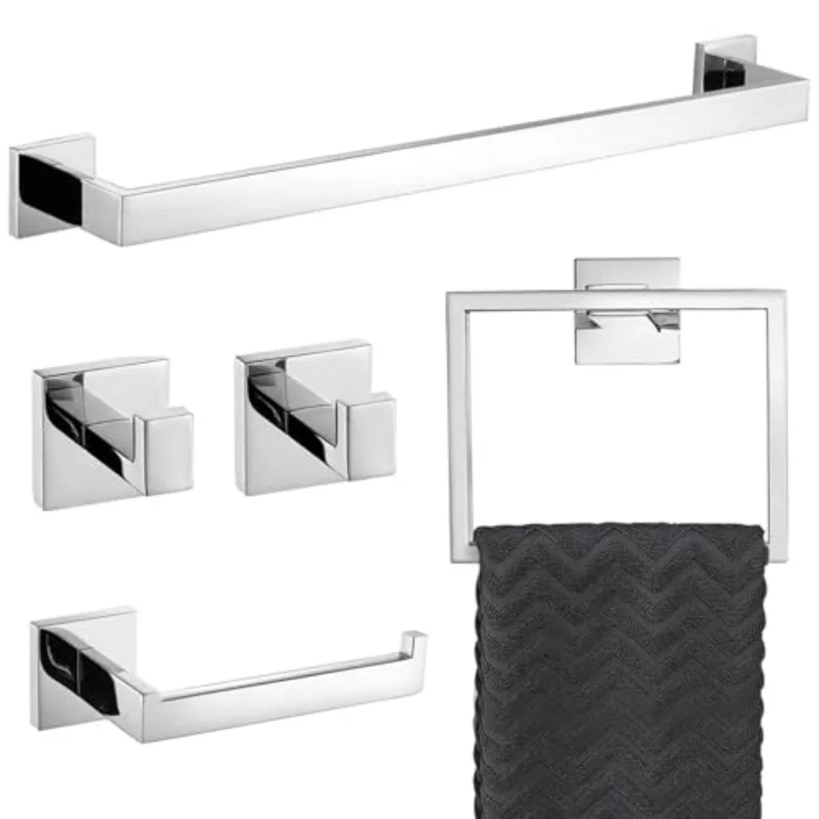 Bathroom hardware set: stainless steel, polished chrome, 5-piece wall-mounted towel bar, ring, toilet paper holder, and 2 hooks
Bathroom hardware set: stainless steel, polished chrome, 5-piece wall-mounted towel bar, ring, toilet paper holder, and 2 hooks