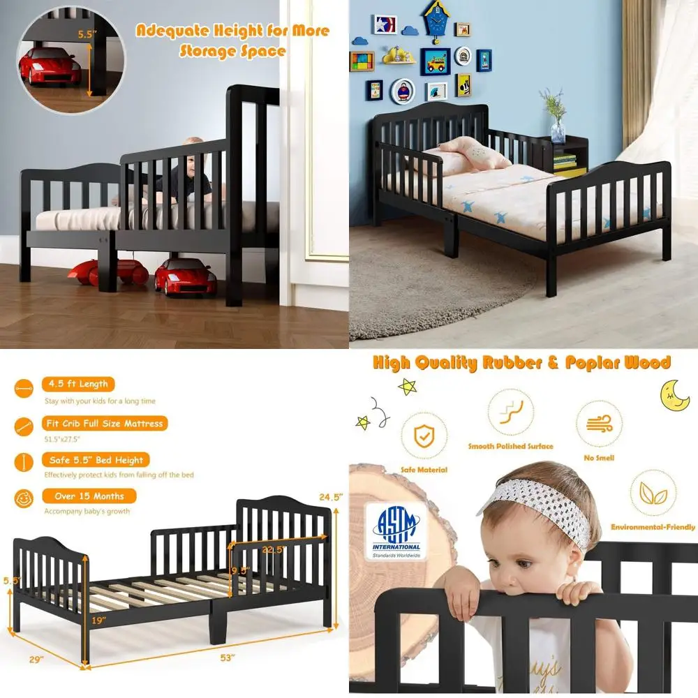 Full Size Toddler Bed with Double Safety Rail, Low to Floor, Wooden Slats, Suitable for Boys & Girls - Black
Full Size Toddler Bed with Double Safety Rail, Low to Floor, Wooden Slats, Suitable for Boys & Girls - Black