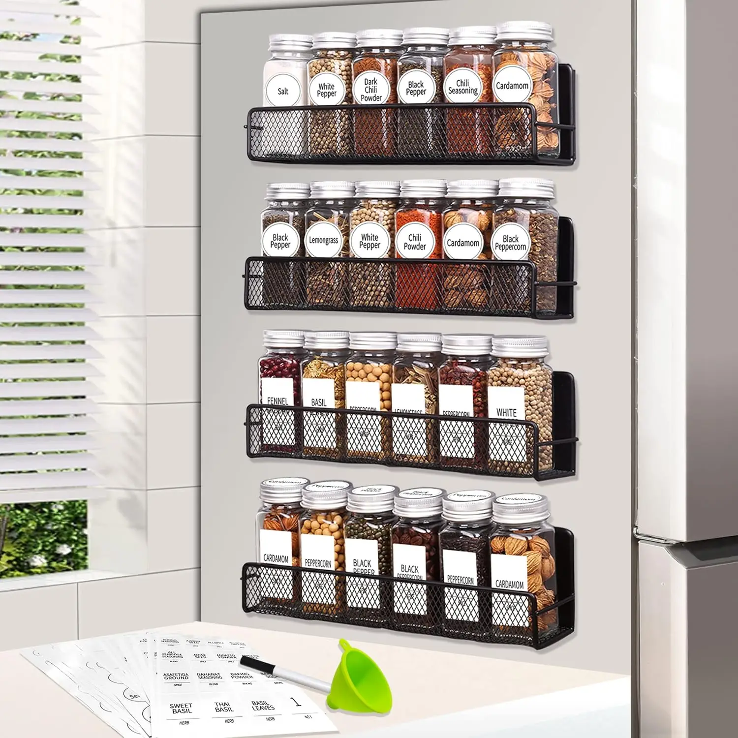 Magnetic Spice Rack for Refrigerator with 24 Glass Jars, 4 Strong Shelves, Space-Saving for Small Kitchens
Magnetic Spice Rack for Refrigerator with 24 Glass Jars, 4 Strong Shelves, Space-Saving for Small Kitchens