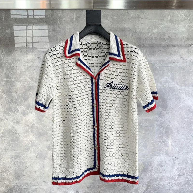 High Quality Color Letter Contrast Stitching Short-sleeved Hollow Out Knitting Shirt Beach Holiday Casual Cardigan Shirt Loose
High Quality Color Letter Contrast Stitching Short-sleeved Hollow Out Knitting Shirt Beach Holiday Casual Cardigan Shirt Loose