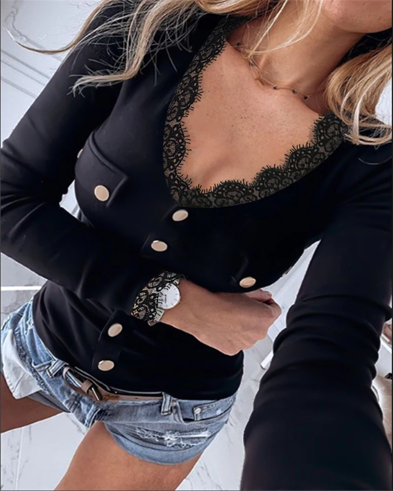 Autumn Women's Elegant Slim Lace Patchwork Long Sleeve Top Temperament Commuting Female Clothing New Fashion Skinny T-shirt
Autumn Women's Elegant Slim Lace Patchwork Long Sleeve Top Temperament Commuting Female Clothing New Fashion Skinny T-shirt