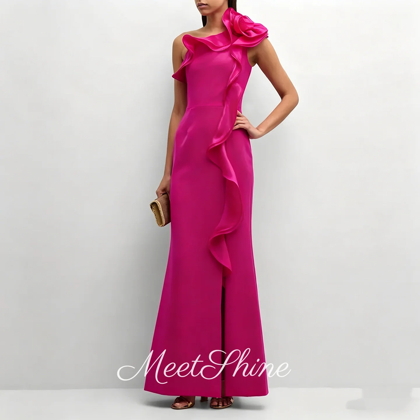 Elegant Hot Pink One Shoulder Mermaid Evening Dresses Modern Side Slit Ruffles Satin Sweep Train Prom Dresses Customized
Elegant Hot Pink One Shoulder Mermaid Evening Dresses Modern Side Slit Ruffles Satin Sweep Train Prom Dresses Customized