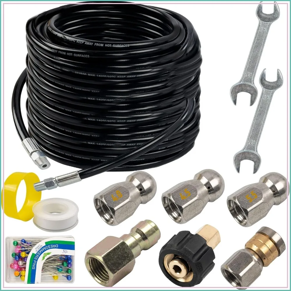 Sewer Jetter Kit for Pressure Washer 100FT, Drain Cleaner Hose 1/4 Inch NPT, Orifice 4.0 Button Nose and Rotating Nozzle, 4000 PSI
Sewer Jetter Kit for Pressure Washer 100FT, Drain Cleaner Hose 1/4 Inch NPT, Orifice 4.0 Button Nose and Rotating Nozzle, 4000 PSI