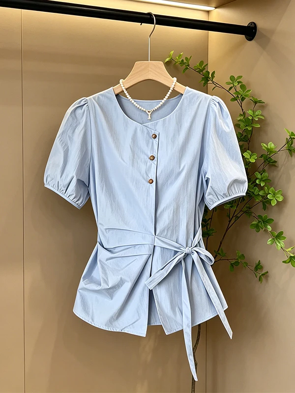 plus Size Blue Strapped Short Sleeve Shirt Women's Korean Style Slimming Loose Top Waist Cinched Summer Fashion plus Size
plus Size Blue Strapped Short Sleeve Shirt Women's Korean Style Slimming Loose Top Waist Cinched Summer Fashion plus Size
