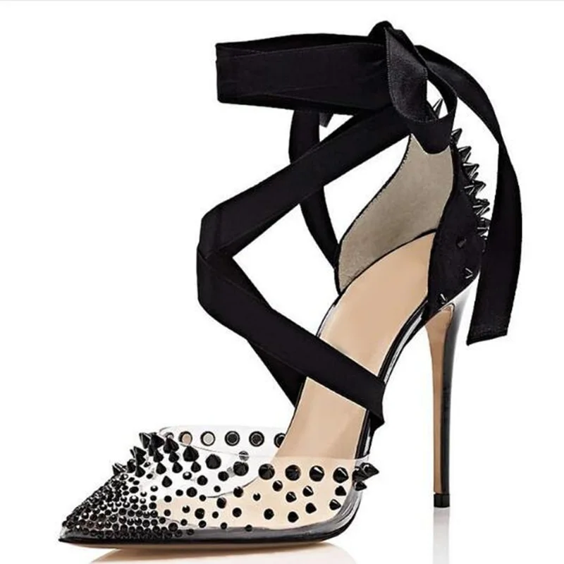 Sexy Black Rivets Spikes High Heels Lace Up Shoes Clear PVC Transparent Pointed Toe Banquet Shoes Studded Party Shoes Size 42
Sexy Black Rivets Spikes High Heels Lace Up Shoes Clear PVC Transparent Pointed Toe Banquet Shoes Studded Party Shoes Size 42