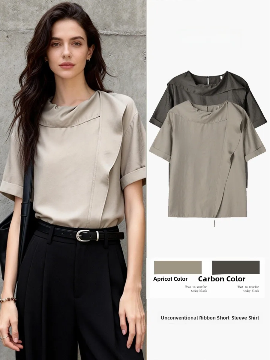 Silk Satin Sash Shirt Women Summer New round Neck Short Sleeve Asymmetrical Design Slimming Commuting Uneven Top for Ladies
Silk Satin Sash Shirt Women Summer New round Neck Short Sleeve Asymmetrical Design Slimming Commuting Uneven Top for Ladies