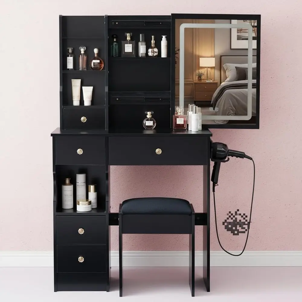 LED Mirror Vanity Set with Stool, 29.2 Makeup Desk, AC & USB Ports, Black
LED Mirror Vanity Set with Stool, 29.2 Makeup Desk, AC & USB Ports, Black
