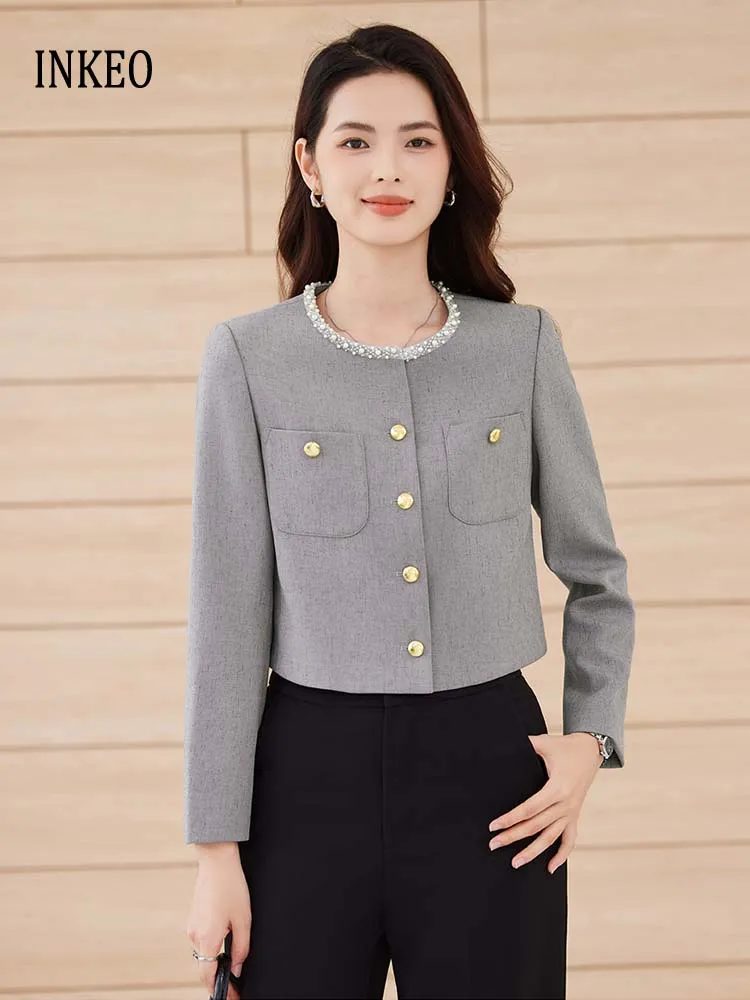 Elegant Pearl beading O-neck jacket Women's Grey 2025 New Metal button crop coat Large size Stylish outerwear Autumn INKEO 5O086
Elegant Pearl beading O-neck jacket Women's Grey 2025 New Metal button crop coat Large size Stylish outerwear Autumn INKEO 5O086