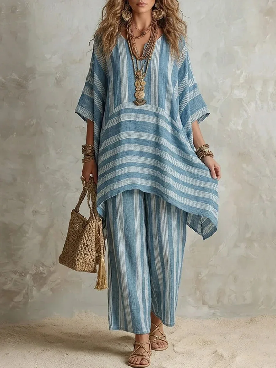 Retro Vacation Striped Printed 2 Piece Set Half Sleeve Oversize Pullover Top+Long Pants Casual Women Patchwork Pocket Set Outfit
Retro Vacation Striped Printed 2 Piece Set Half Sleeve Oversize Pullover Top+Long Pants Casual Women Patchwork Pocket Set Outfit