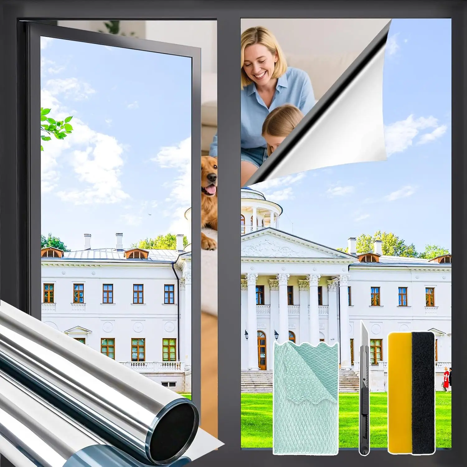 Privacy Window Film 17.7x78.7in One Way Mirror Glass Tint for Home Office Heat Insulating UV Blocking Self-Adhesive
Privacy Window Film 17.7x78.7in One Way Mirror Glass Tint for Home Office Heat Insulating UV Blocking Self-Adhesive