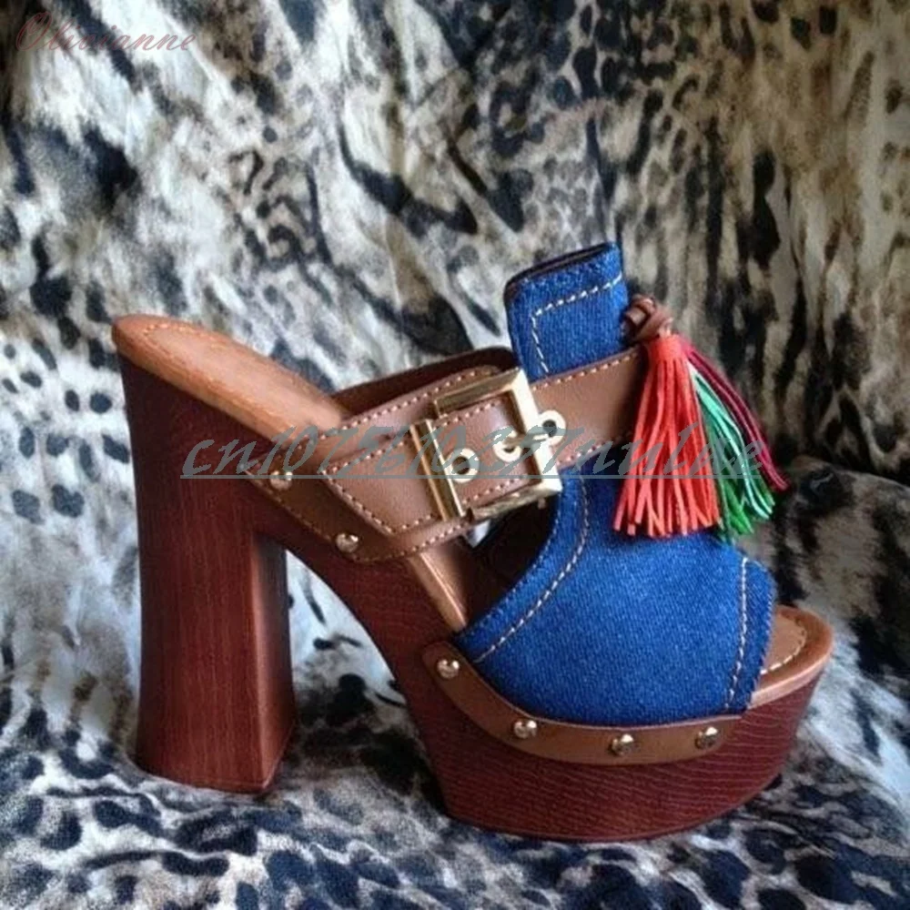 Front Colorful Tassels Design Open Toe Slippers Denim Peep Toe Brown Hollow Rivets Belt Strap Chunky High Heel 2026 Women Shoes
Front Colorful Tassels Design Open Toe Slippers Denim Peep Toe Brown Hollow Rivets Belt Strap Chunky High Heel 2026 Women Shoes