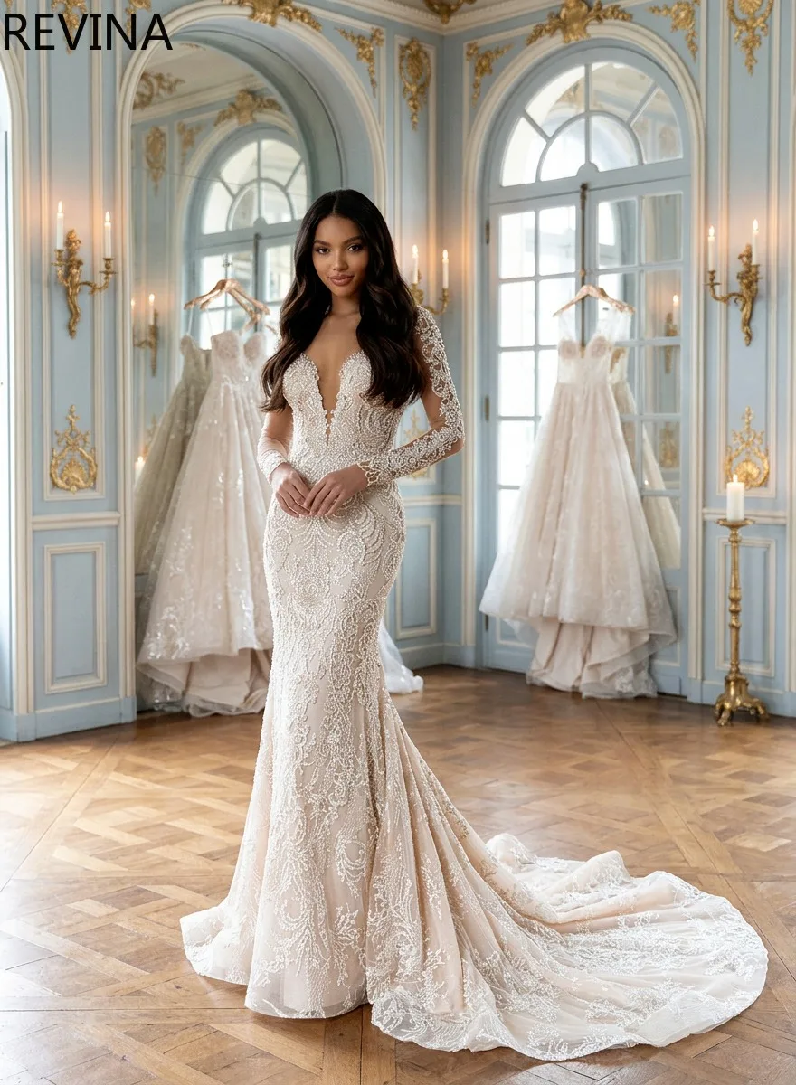 Luxury Mermaid Wedding Dress Long Sleeve V Neck Lace Applique Beaded Sequined Backless Bridal Gown Customized Vestidos De Novia
Luxury Mermaid Wedding Dress Long Sleeve V Neck Lace Applique Beaded Sequined Backless Bridal Gown Customized Vestidos De Novia