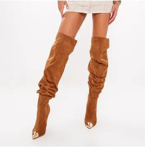 Spring Women Brown Suede Pleated Gold Metal Pointed Toe Thin Heels Over The Knee Boots Party Fashion Long Botas Shoes Size 44
Spring Women Brown Suede Pleated Gold Metal Pointed Toe Thin Heels Over The Knee Boots Party Fashion Long Botas Shoes Size 44
