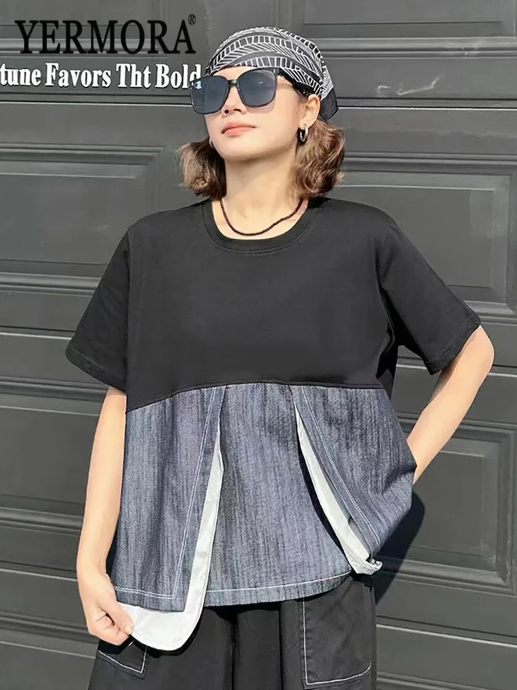 YERMORA Black Irregular Patchwork Casual T-Shirt For Women O-Neck Short Sleeve Loose New Tops Fashion Tide Spring Summer 2026
YERMORA Black Irregular Patchwork Casual T-Shirt For Women O-Neck Short Sleeve Loose New Tops Fashion Tide Spring Summer 2026