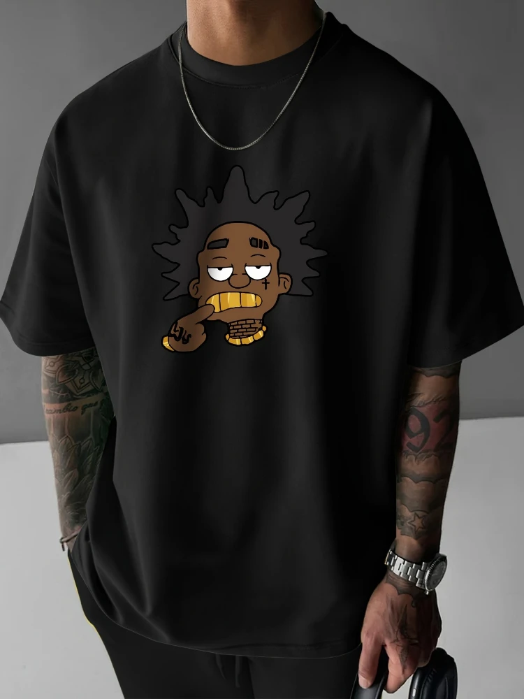 Men's graphic fashion black character design, with gold chain, round neck cotton printed T-shirt.
Men's graphic fashion black character design, with gold chain, round neck cotton printed T-shirt.