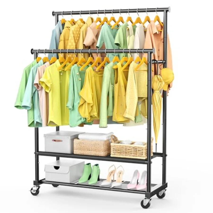 Double Rods Clothes Rack for Hanging Clothes Heavy Duty Rolling Clothing Rack with Wheels Freestanding Garment Racks with Oxfor
Double Rods Clothes Rack for Hanging Clothes Heavy Duty Rolling Clothing Rack with Wheels Freestanding Garment Racks with Oxfor