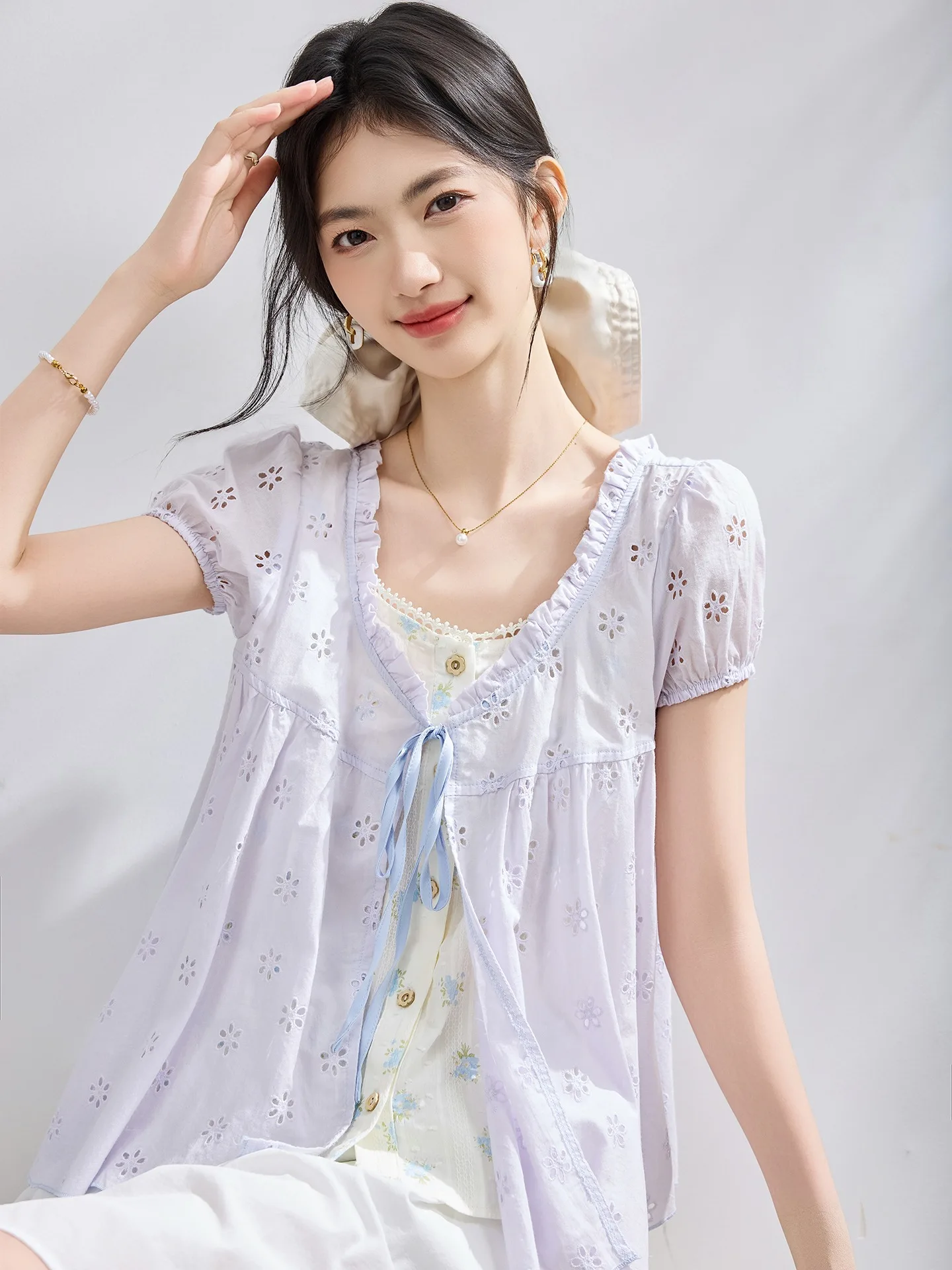 Retro Plaid Ruffle Sleeve Short Sleeve Shirt Women Summer Design Bubble Sleeve Top Button round Neck Regular Length
Retro Plaid Ruffle Sleeve Short Sleeve Shirt Women Summer Design Bubble Sleeve Top Button round Neck Regular Length