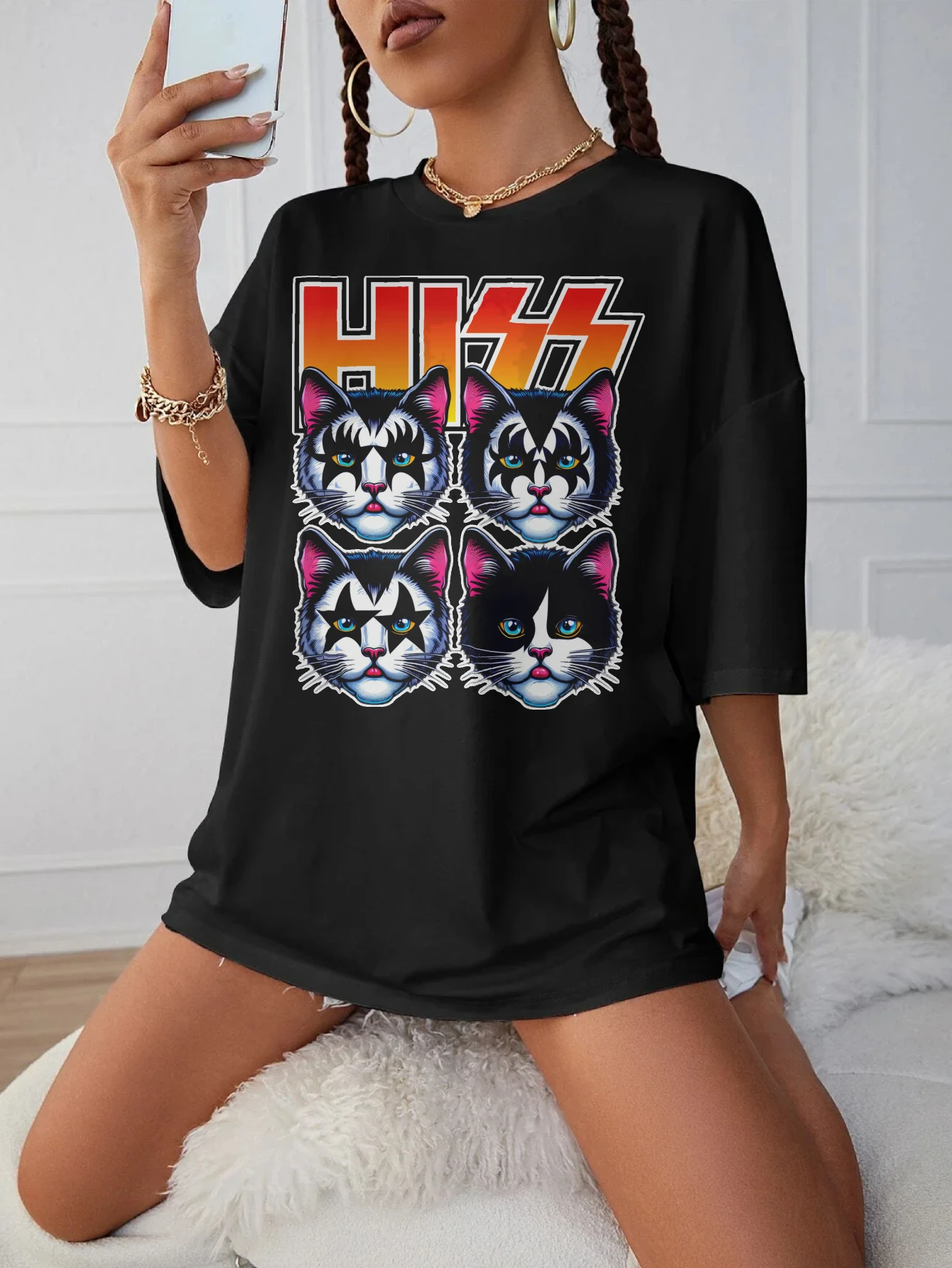 Funny Cat Hiss Meowtallica Funny Comfortable Black Round Neck T-Shirt for Women Winter Maternity Top Loose Fit Late Pregnancy 
Funny Cat Hiss Meowtallica Funny Comfortable Black Round Neck T-Shirt for Women Winter Maternity Top Loose Fit Late Pregnancy