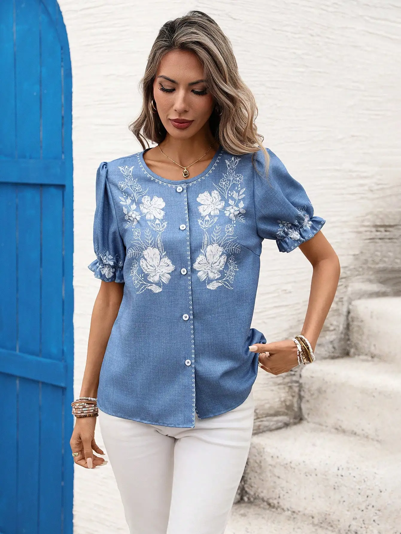 Elegant Floral Embroidered Blue Women's Blouse With Puff Sleeves And Round Neck
Elegant Floral Embroidered Blue Women's Blouse With Puff Sleeves And Round Neck