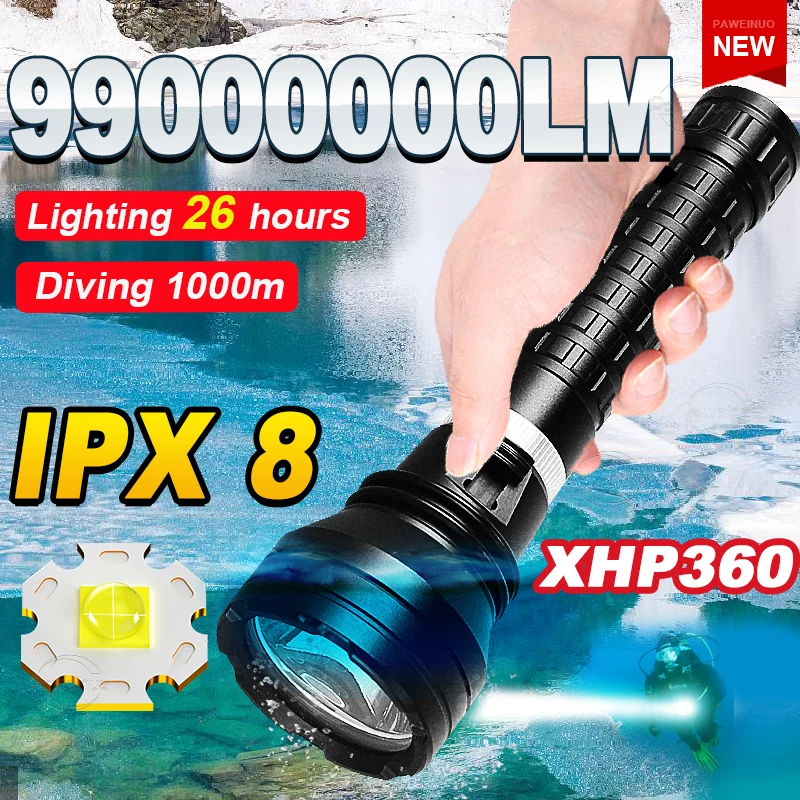 Ultra Bright XHP360 99000000LM Scuba Diving Flashlight Professional Underwater Diving Torch Spotlight IPX8 Waterproof Dive Lamp
Ultra Bright XHP360 99000000LM Scuba Diving Flashlight Professional Underwater Diving Torch Spotlight IPX8 Waterproof Dive Lamp