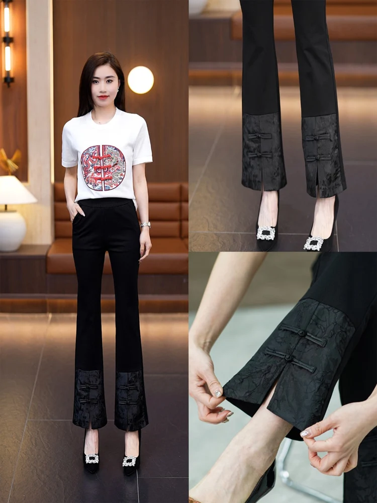 Retro Chinese Style Women's Casual Patchwork Buttoned Nine-Piece Pants High Waist Flared Legs Slimming Effect Spring Summer 2024
Retro Chinese Style Women's Casual Patchwork Buttoned Nine-Piece Pants High Waist Flared Legs Slimming Effect Spring Summer 2024
