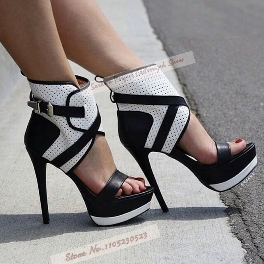 White Black Color Patchwork Platform Sandals Small Hole Breathable Hollow Out Dress Shoes Belt Buckle Strap Stiletto Heels Pumps
White Black Color Patchwork Platform Sandals Small Hole Breathable Hollow Out Dress Shoes Belt Buckle Strap Stiletto Heels Pumps