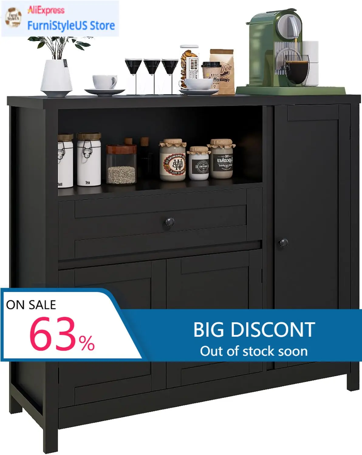 Storage Cabinet with Doors and Drawers,Kitchen Storage Cabinets,with Drawer and Adjustable Shelf (Black)
Storage Cabinet with Doors and Drawers,Kitchen Storage Cabinets,with Drawer and Adjustable Shelf (Black)