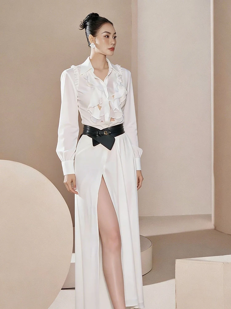 Elegant Ruffle Mesh Splice Shirt Dresses Women Spring Lapel Long Sleeves Single-breasted Dress Summer High Waist Slit Long Dress
Elegant Ruffle Mesh Splice Shirt Dresses Women Spring Lapel Long Sleeves Single-breasted Dress Summer High Waist Slit Long Dress