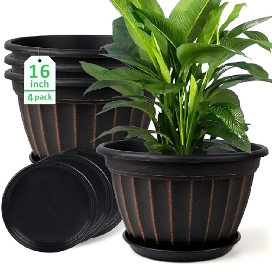 4 Pack 16 inch Plant Pots for indoor outdoor use, black plastic, retro vertical stripe design, sturdy with drainage holes and s
4 Pack 16 inch Plant Pots for indoor outdoor use, black plastic, retro vertical stripe design, sturdy with drainage holes and s
