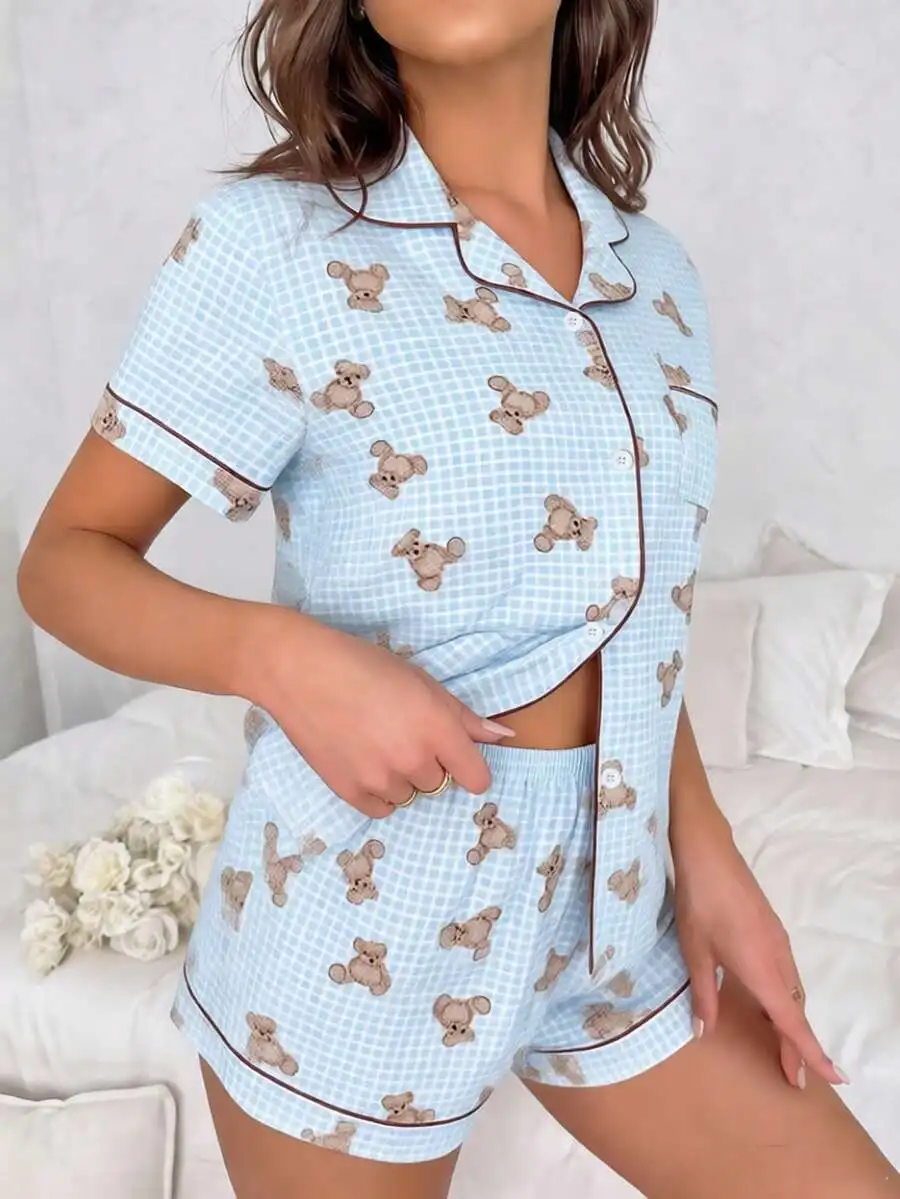 2Pcs Women Short Sleeve Button Collar Pajama Set With Bear Print Comfortable Loose Homewear For Spring Summer
2Pcs Women Short Sleeve Button Collar Pajama Set With Bear Print Comfortable Loose Homewear For Spring Summer