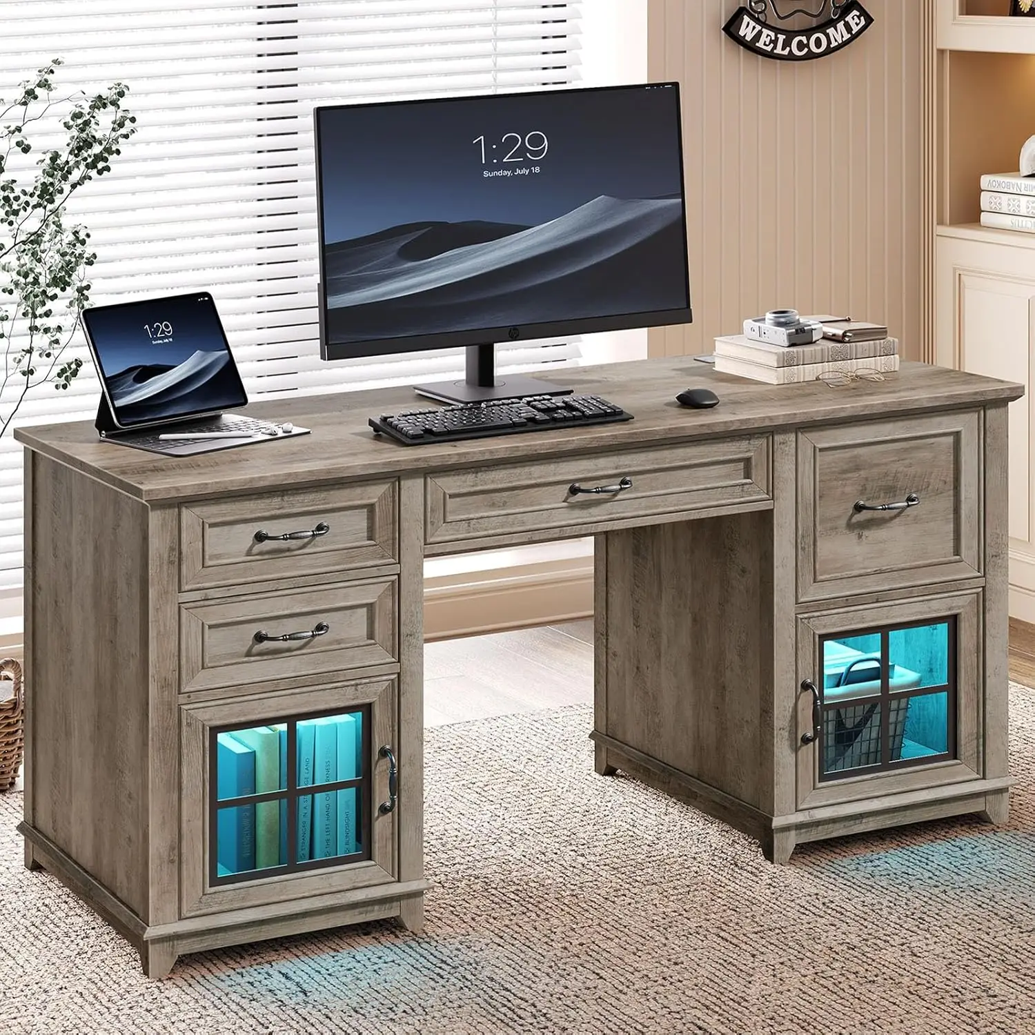 58" Executive Desk with Drawers File Cabinet Power Outlet LED Light Wooden Home Office Study Writing Greige Customized
58" Executive Desk with Drawers File Cabinet Power Outlet LED Light Wooden Home Office Study Writing Greige Customized