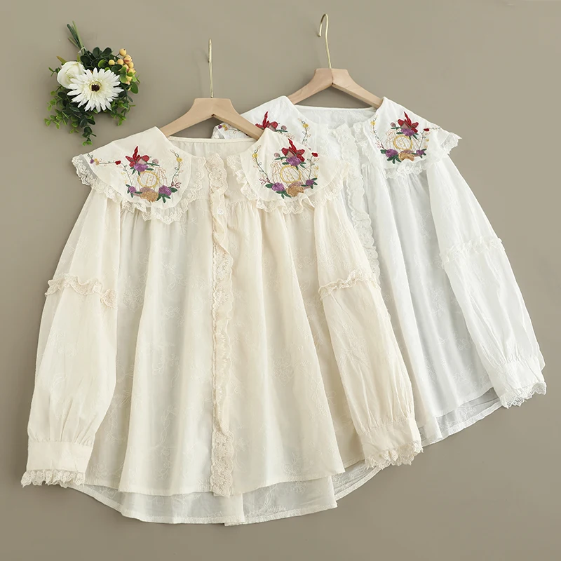 Spring New Japan Style Sweet Mori Girl Lace Flower Embroidery Cotton Shirts Women Cuter Peter Pan Collar Long Sleeve Casual Tops
Spring New Japan Style Sweet Mori Girl Lace Flower Embroidery Cotton Shirts Women Cuter Peter Pan Collar Long Sleeve Casual Tops