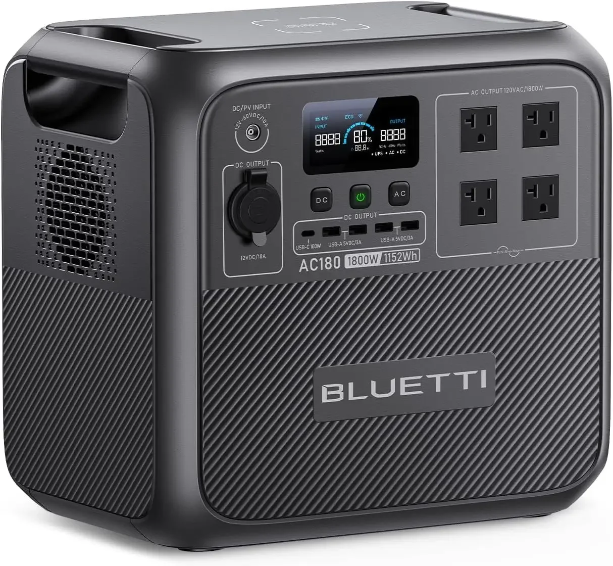 AC180 Portable Power Station, 1152Wh LiFePO4 Battery Backup w/ 4 1800W (2700W peak) AC Outlets, 0-80% in 45Min
AC180 Portable Power Station, 1152Wh LiFePO4 Battery Backup w/ 4 1800W (2700W peak) AC Outlets, 0-80% in 45Min