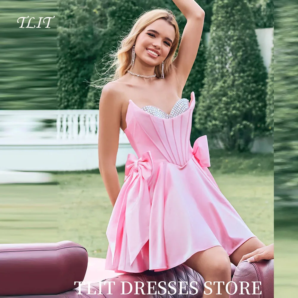 TLIT Sexy Sparkly Pink Short Satin Evening Gown Dresses Strapless with Crystal Customized Bow Cocktail Dresses Formal Party
TLIT Sexy Sparkly Pink Short Satin Evening Gown Dresses Strapless with Crystal Customized Bow Cocktail Dresses Formal Party
