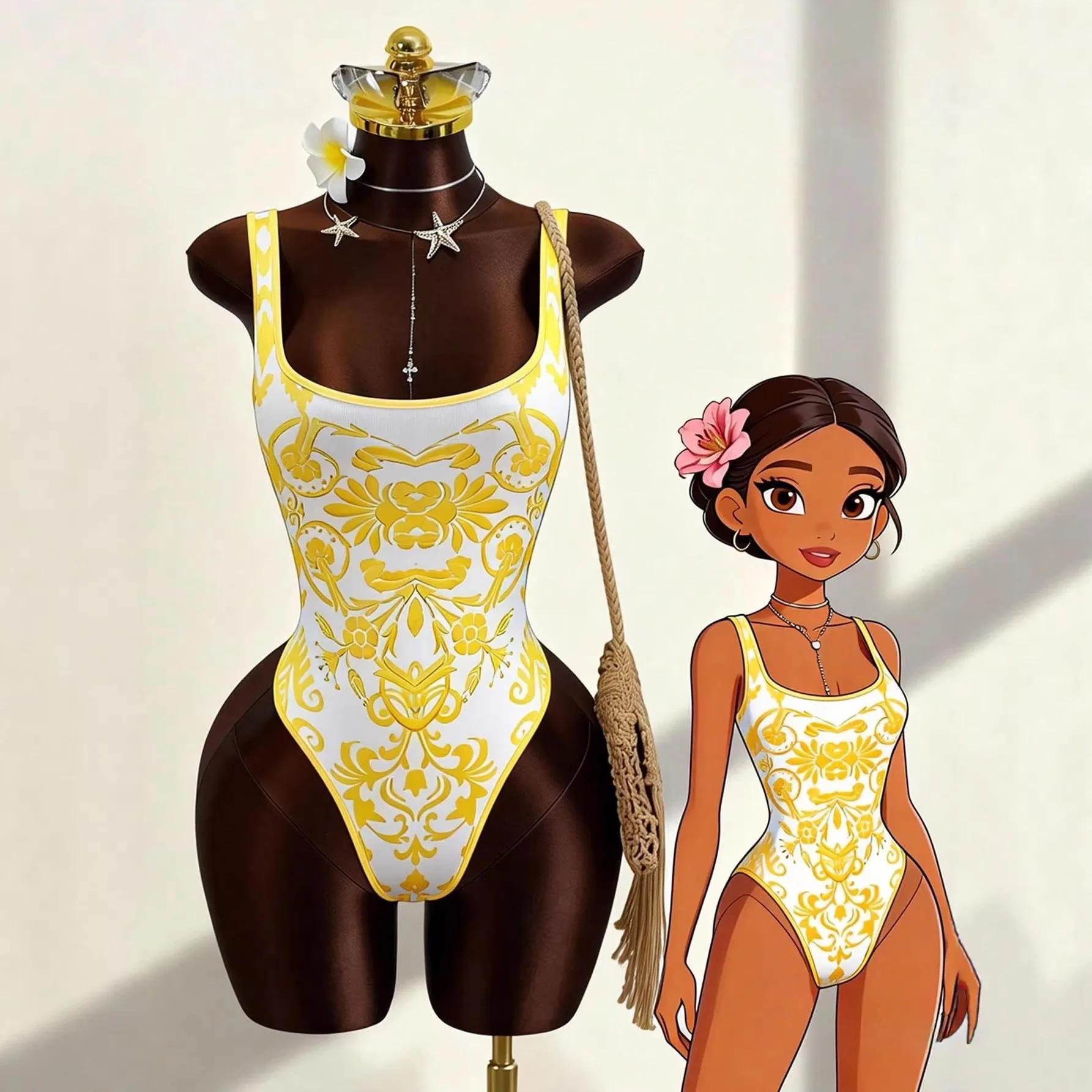 Woman Bikini Yellow White Print Bikinis Square Neck Thin Straps Swimsuit Deep V Back High Cut Legs Swimwear Ruched Side Gold
Woman Bikini Yellow White Print Bikinis Square Neck Thin Straps Swimsuit Deep V Back High Cut Legs Swimwear Ruched Side Gold