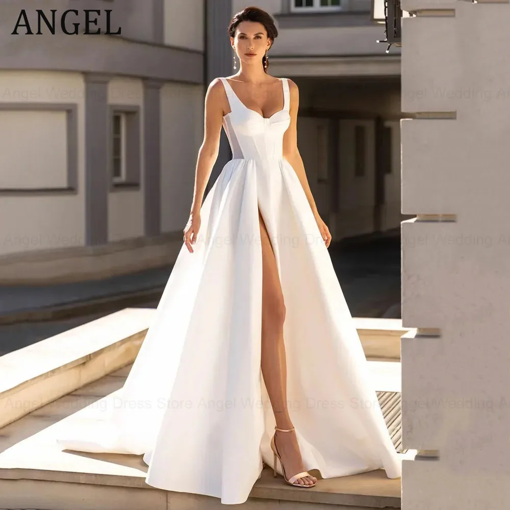 ANGEL Modern Square Neck Spaghetti Straps A-Line Wedding Dress For Women High Slit Sleeveless Satin Vestido De Novia 
ANGEL Modern Square Neck Spaghetti Straps A-Line Wedding Dress For Women High Slit Sleeveless Satin Vestido De Novia