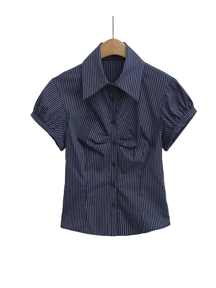 Summer Blue Striped Shirts Women Folds Short Sleeve Slim Tops Blouses Korean Style
Summer Blue Striped Shirts Women Folds Short Sleeve Slim Tops Blouses Korean Style