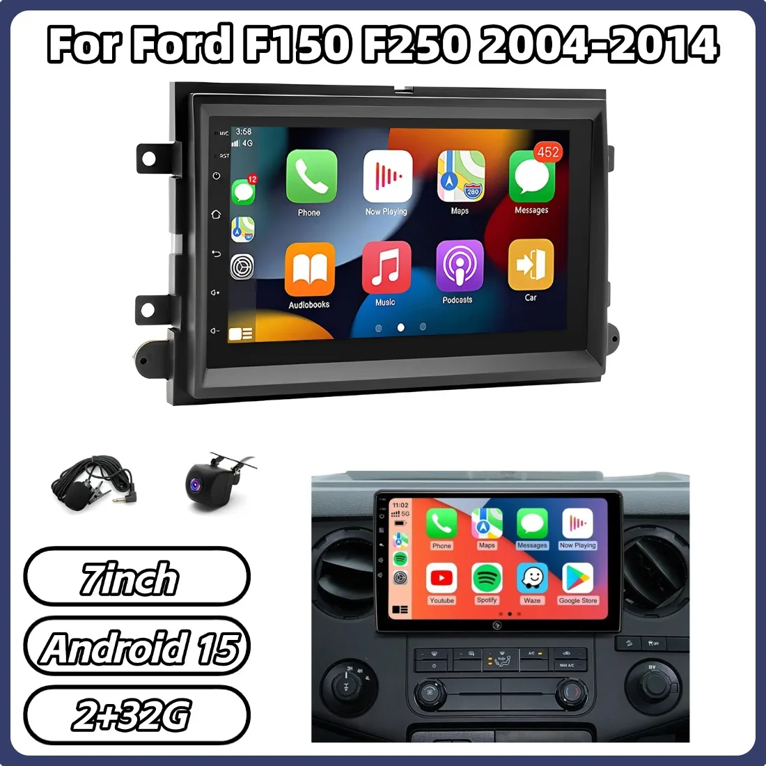 7-дюймовая автомагнитола 2+32 ГБ с GPS-навигацией и поддержкой CarPlay для Ford F150 F250 2004-2014, Android 15, Android Auto, Bluetooth
7-дюймовая автомагнитола 2+32 ГБ с GPS-навигацией и поддержкой CarPlay для Ford F150 F250 2004-2014, Android 15, Android Auto, Bluetooth