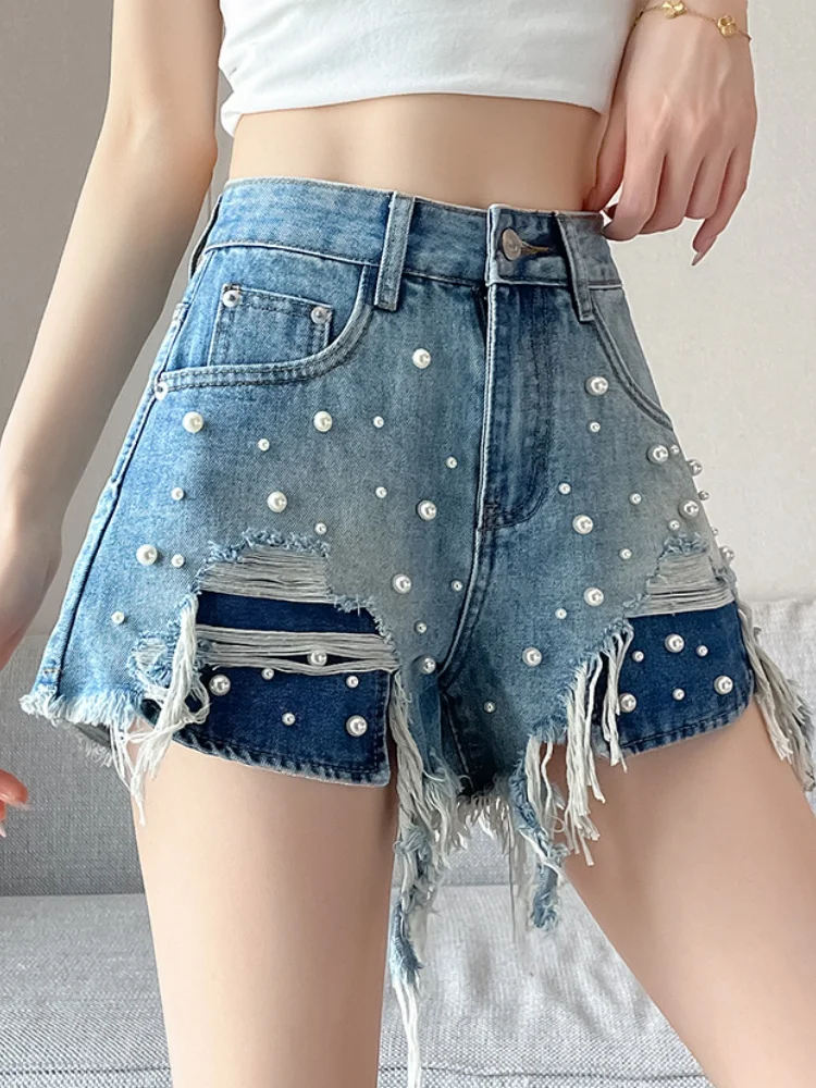 Korean Pearl Denim Shorts Women Summer Fashion Casual High Waist Ripped Jeans Pocket Tassel Pants Streetwear Blue Trousers
Korean Pearl Denim Shorts Women Summer Fashion Casual High Waist Ripped Jeans Pocket Tassel Pants Streetwear Blue Trousers