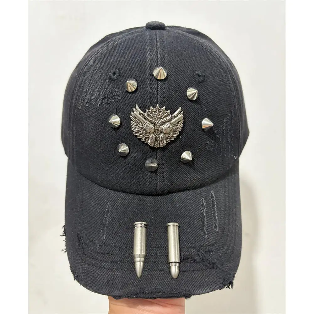 American street fashion personalized metal bullet head decorative denim washed hole baseball cap
American street fashion personalized metal bullet head decorative denim washed hole baseball cap