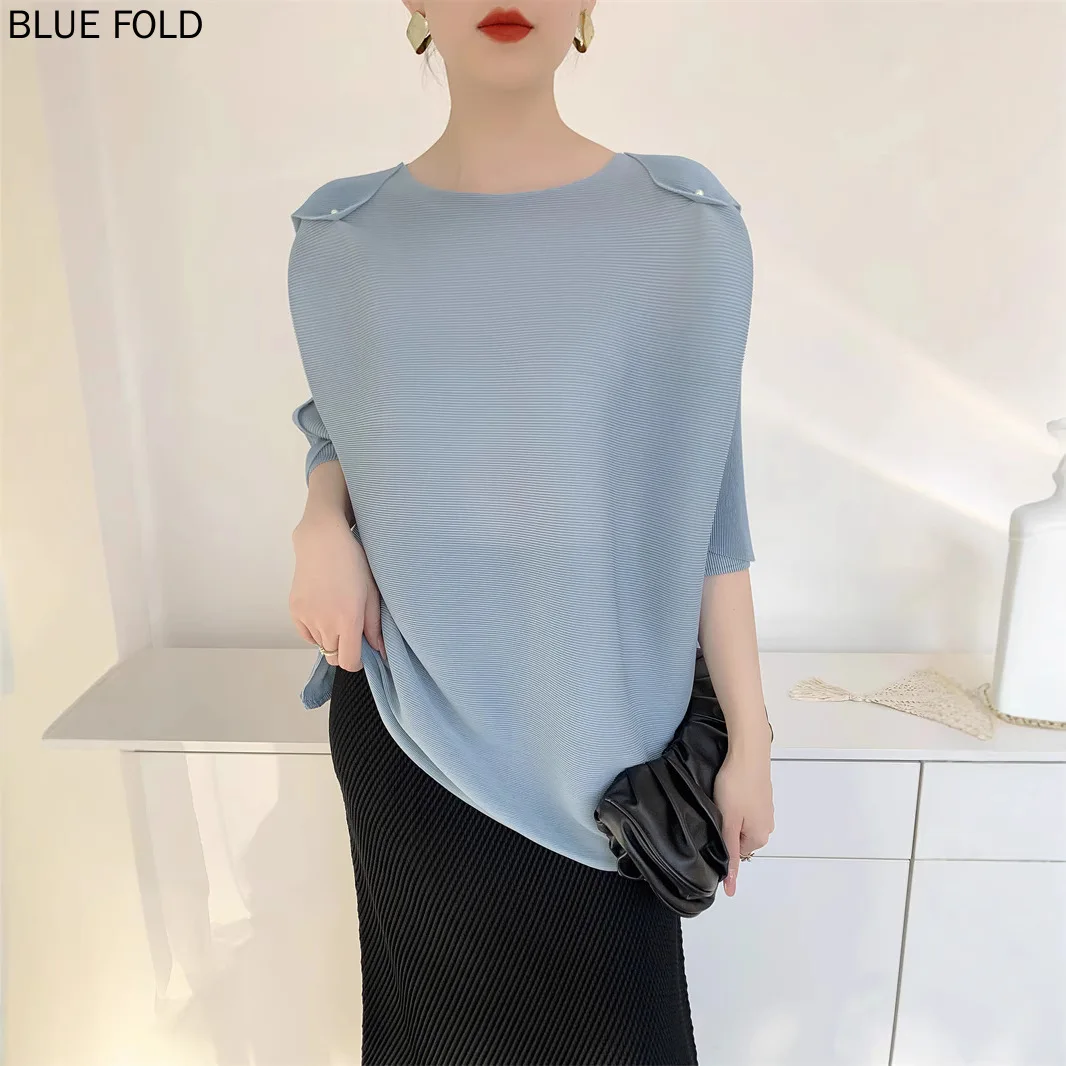 MIYAKE Women's Casual Loose T-Shirt with Pleats Short Sleeve Beaded round Neck Comfortable Top for Spring Summer 2025
MIYAKE Women's Casual Loose T-Shirt with Pleats Short Sleeve Beaded round Neck Comfortable Top for Spring Summer 2025