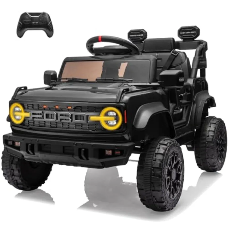 electric ride-on toy truck for outdoor play, black ABS plastic body with 12V battery, 4-wheel suspension, LED lights, Bluetooth
electric ride-on toy truck for outdoor play, black ABS plastic body with 12V battery, 4-wheel suspension, LED lights, Bluetooth