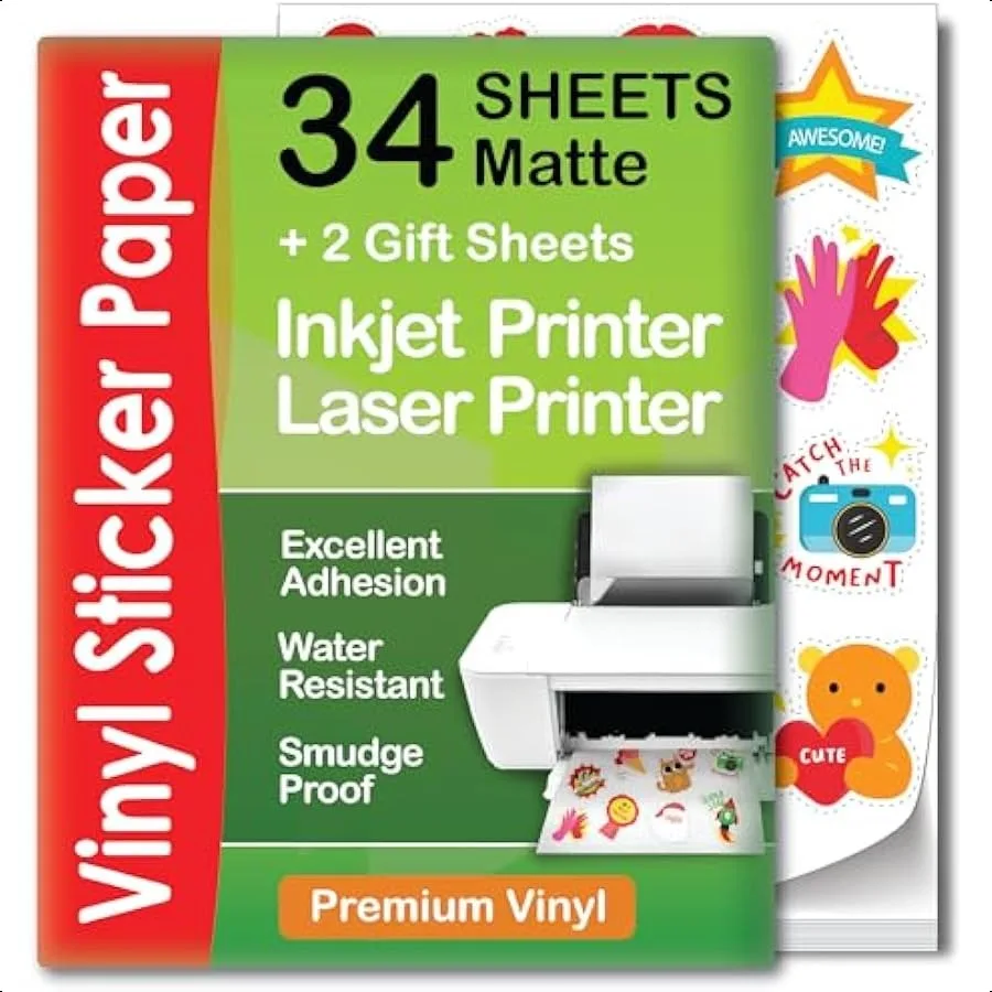 Premium Printable Vinyl Sticker Paper for Inkjet and Laser Printer 34 Sheets SelfAdhesive Sheets Matte White Waterproof Dries Q
Premium Printable Vinyl Sticker Paper for Inkjet and Laser Printer 34 Sheets SelfAdhesive Sheets Matte White Waterproof Dries Q